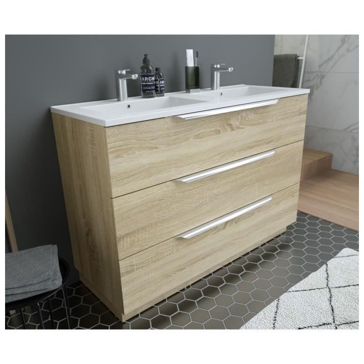 Ensemble Meuble salle de bain L 120 - Vasque + 3 tiroirs + miroir - D