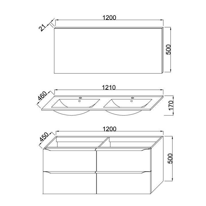 ZOOM meuble de salle de bain double vasque avec miroir L 120cm - 4 tir