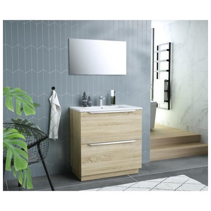 Ensemble Meuble salle de bain sur socle L 80 - Vasque + 2 tiroirs + mi