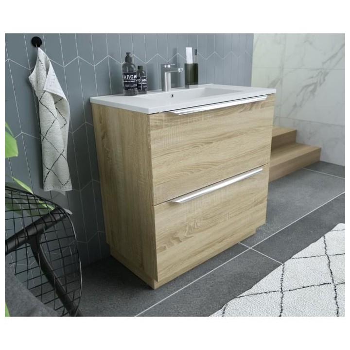 Ensemble Meuble salle de bain sur socle L 80 - Vasque + 2 tiroirs + mi