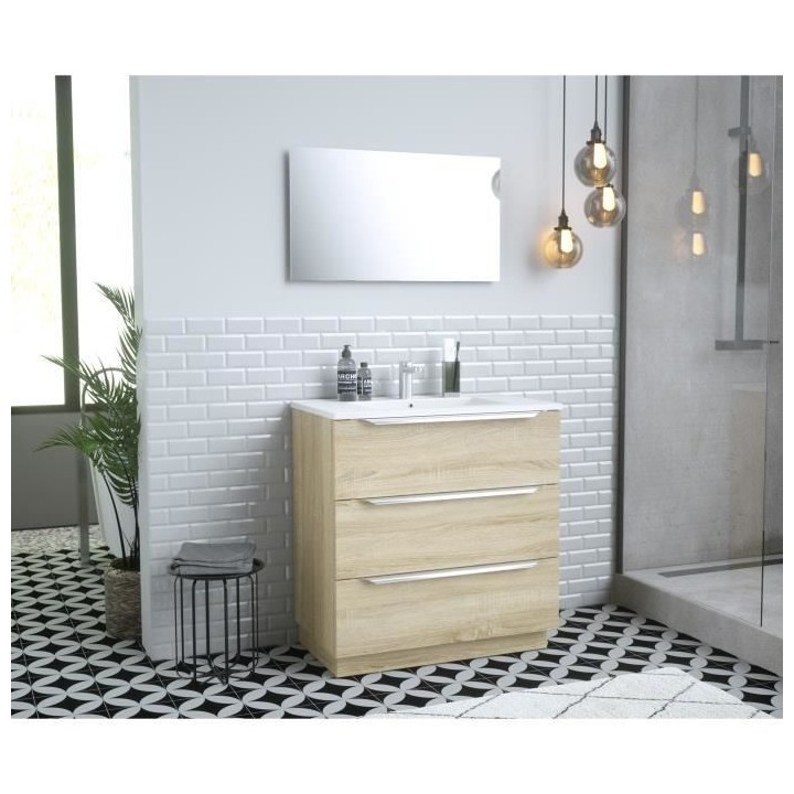 Ensemble Meuble salle de bain sur socle L 80 - Vasque + 3 tiroirs + mi