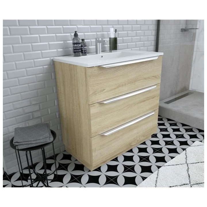 Ensemble Meuble salle de bain sur socle L 80 - Vasque + 3 tiroirs + mi