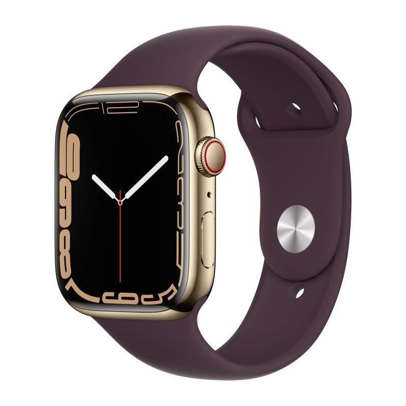 Apple Watch Series 7 GPS + Cellular - 45mm - Boîtier Gold Stainless Steel - Bracelet Dark Cherry Sport Band