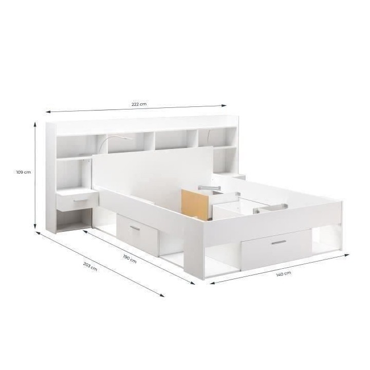 CHICAGO Ensemble lit adulte 140 x 190/200 cm + Tete de lit avec rangem