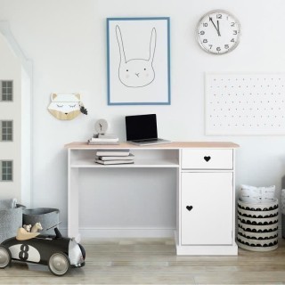Bureau enfant avec 1 porte et 1 tiroir - Décor Chene et laqué blanc