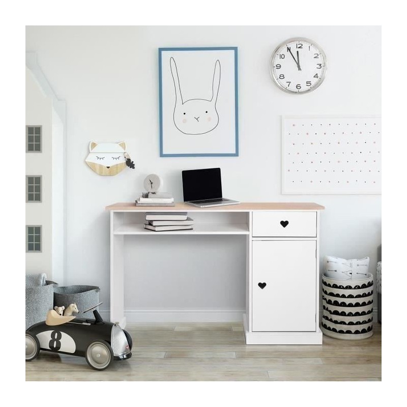 Bureau enfant avec 1 porte et 1 tiroir - Décor Chene et laqué blanc - MDF et Pin Massif - L120 x P 55 x H76,5 cm - HARO