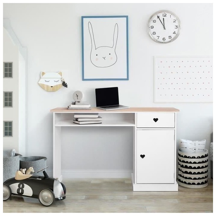Bureau enfant avec 1 porte et 1 tiroir - Décor Chene et laqué blanc