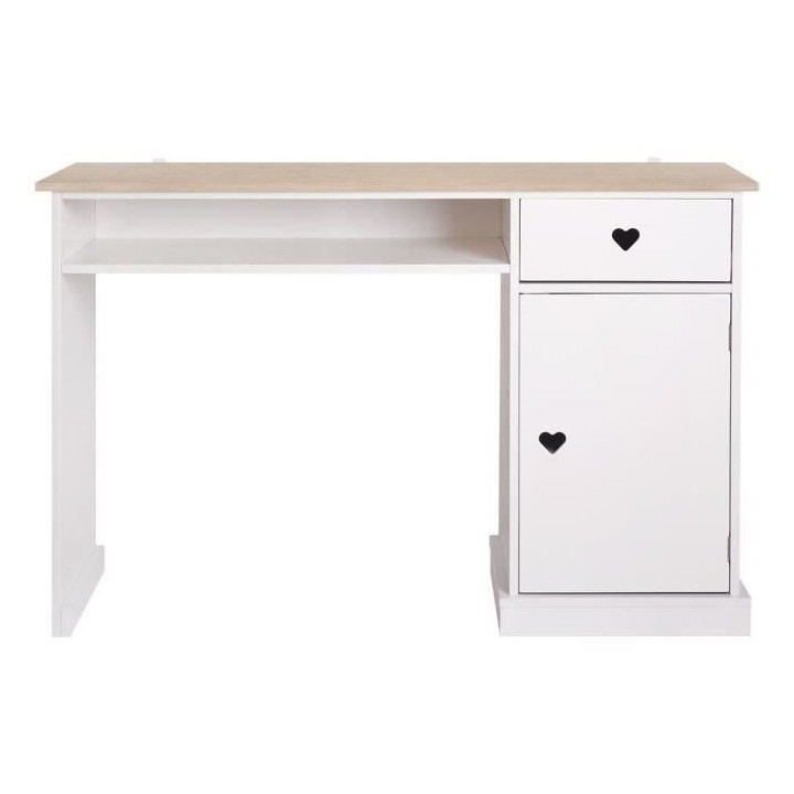 Bureau enfant avec 1 porte et 1 tiroir - Décor Chene et laqué blanc