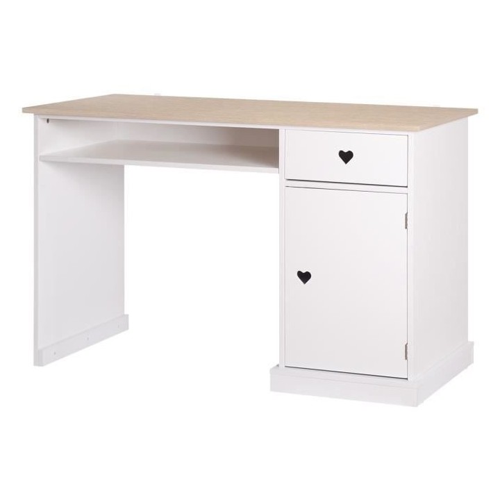 Bureau enfant avec 1 porte et 1 tiroir - Décor Chene et laqué blanc