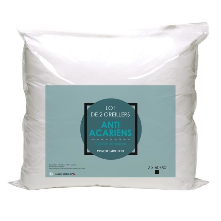 Lot de 2 oreillers Microfibre Anti-Acariens 60x60cm