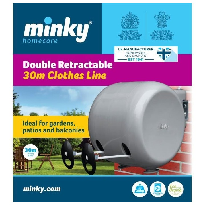 MINKY Séchoir a Linge enrouleur mural 2x 15 m