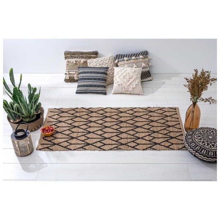 Tapis imprimé Géométrique - Noir - En jute - 70 x 140 cm