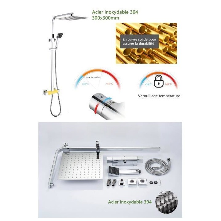 Colonne de douche OCEANIC - Mitigeur thermostatique - Pomme haute carr