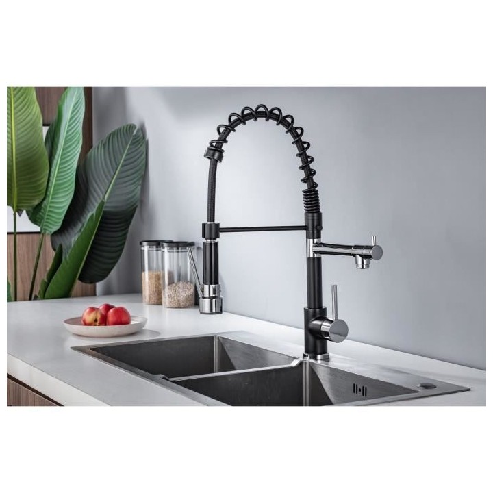 Robinet de cuisine - Mitigeur évier - Noir/Chrome - Rotatif 360° - 2