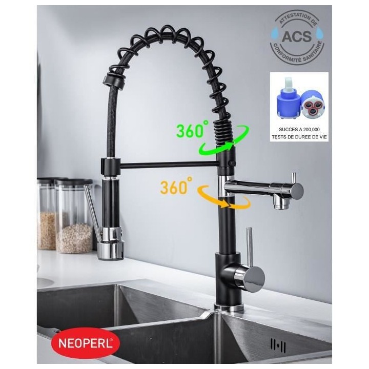 Robinet de cuisine - Mitigeur évier - Noir/Chrome - Rotatif 360° - 2