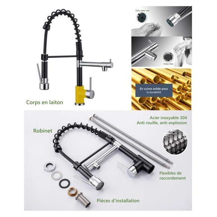Robinet de cuisine - Mitigeur évier - Noir/Chrome - Rotatif 360° - 2