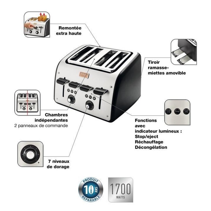 TEFAL TT770811 Grille-pain Maison 4 fentes, Remontée extra haute des