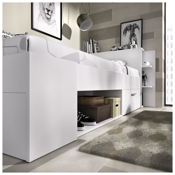 SAX Lit enfant 90x190 cm multiples rangements - Décor blanc