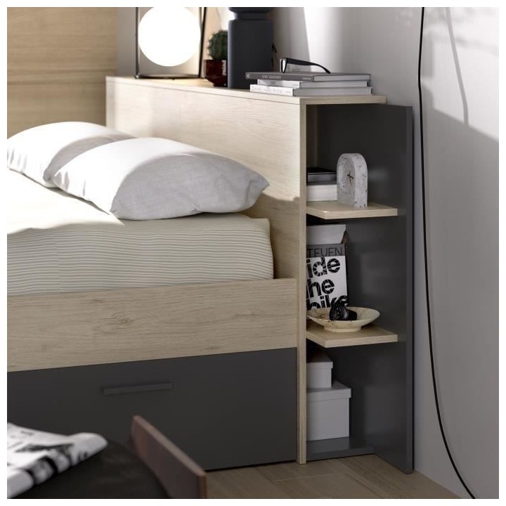 SAX Lit adulte - 160x200 cm - 3 tiroirs + Tete de lit avec rangement -