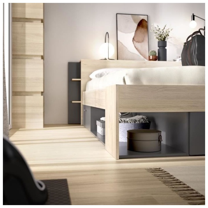 SAX Lit adulte - 160x200 cm - 3 tiroirs + Tete de lit avec rangement -