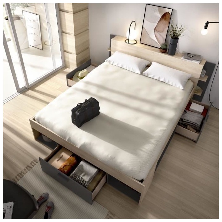 SAX Lit adulte - 160x200 cm - 3 tiroirs + Tete de lit avec rangement -