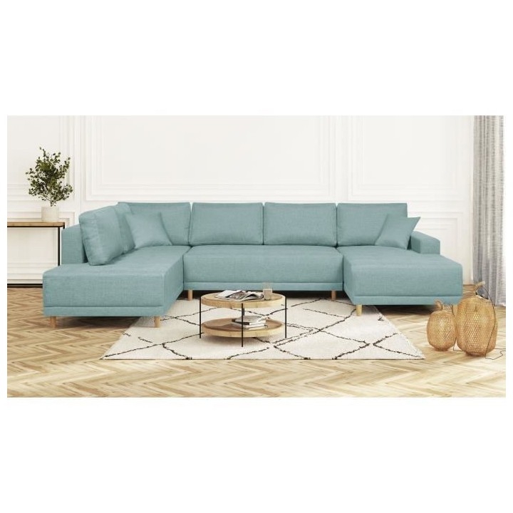 Canapé d'angle panoramique convertible JAKOB - 7 places - Bleu gris -