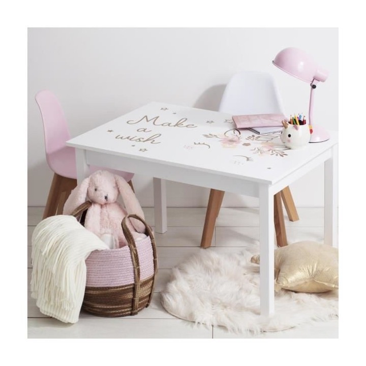 Table enfant - Bois blanc et rose - L 77 x P 55 x H 48 cm