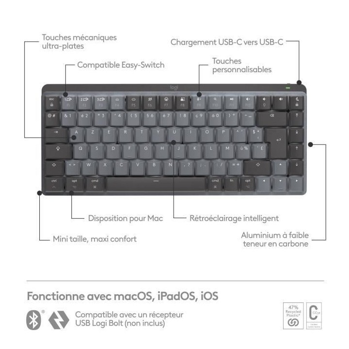 Logitech - Clavier sans fil pour Mac - MX Mechanical Mini - Gris Sidé