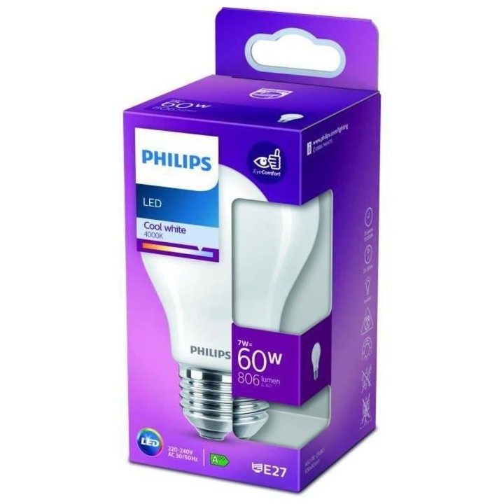 Ampoule standard LED PHILIPS Non dimmable - E27 - 60W - Blanc Froid