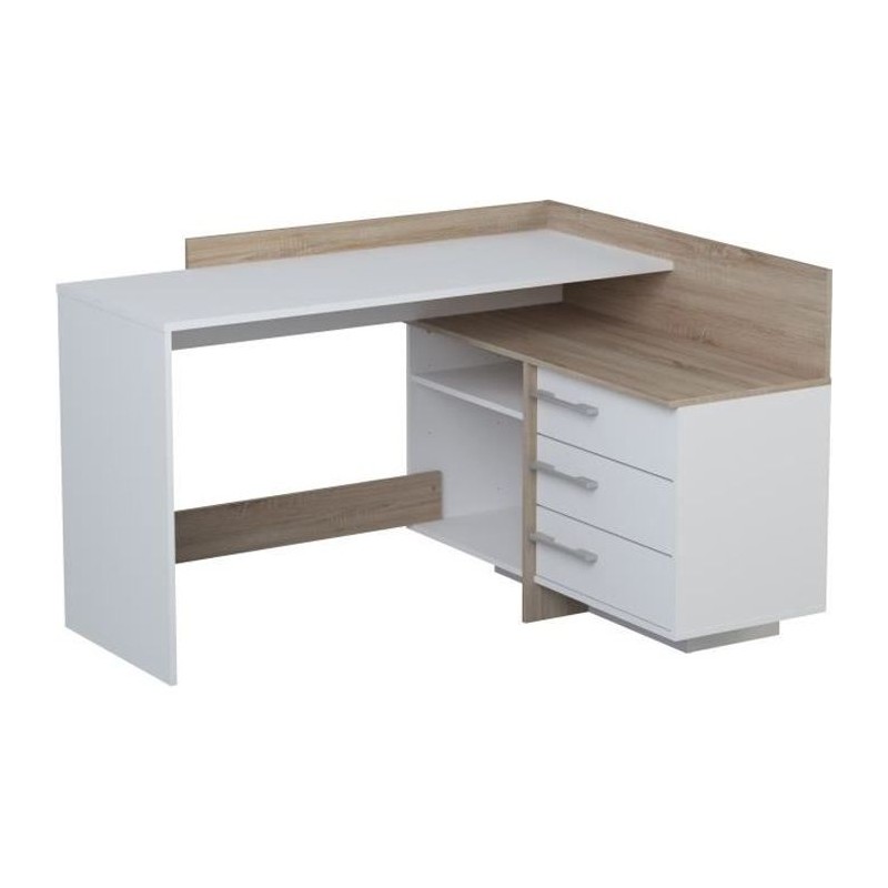 Bureau d'angle 3 tiroirs - Décor chene et blanc - L 128,5 x P 105,7 x H 83,2 cm - THALES