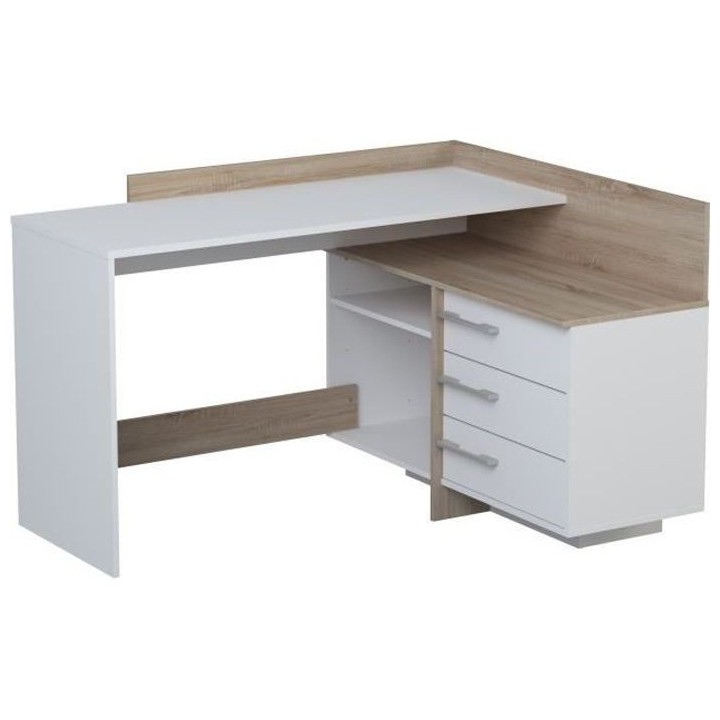Bureau d'angle 3 tiroirs - Décor chene et blanc - L 128,5 x P 105,7 x