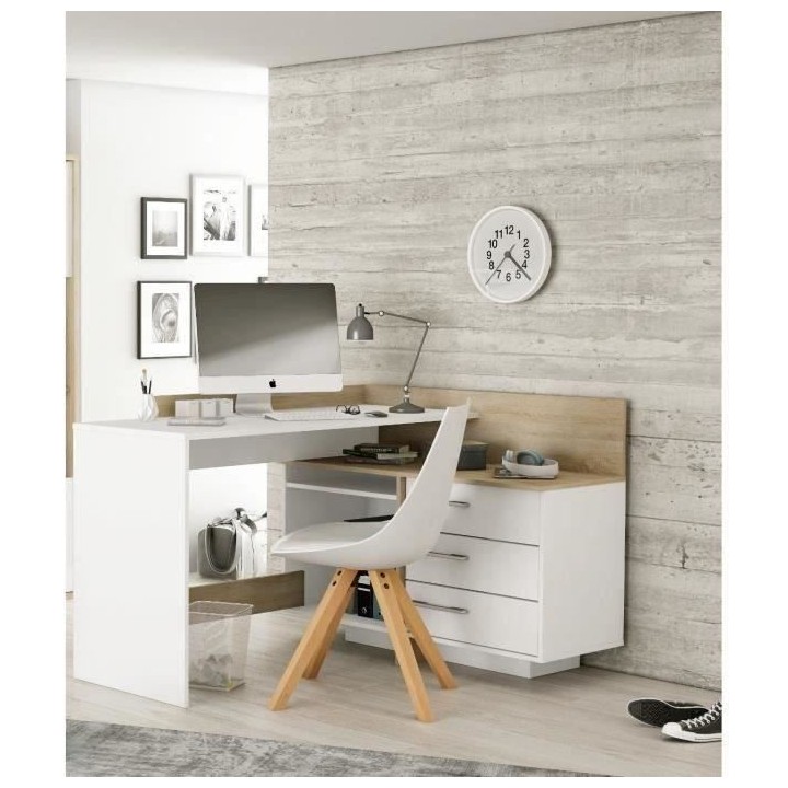 Bureau d'angle 3 tiroirs - Décor chene et blanc - L 128,5 x P 105,7 x
