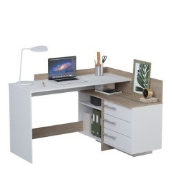 Bureau d'angle 3 tiroirs - Décor chene et blanc - L 128,5 x P 105,7 x H 83,2 cm - THALES