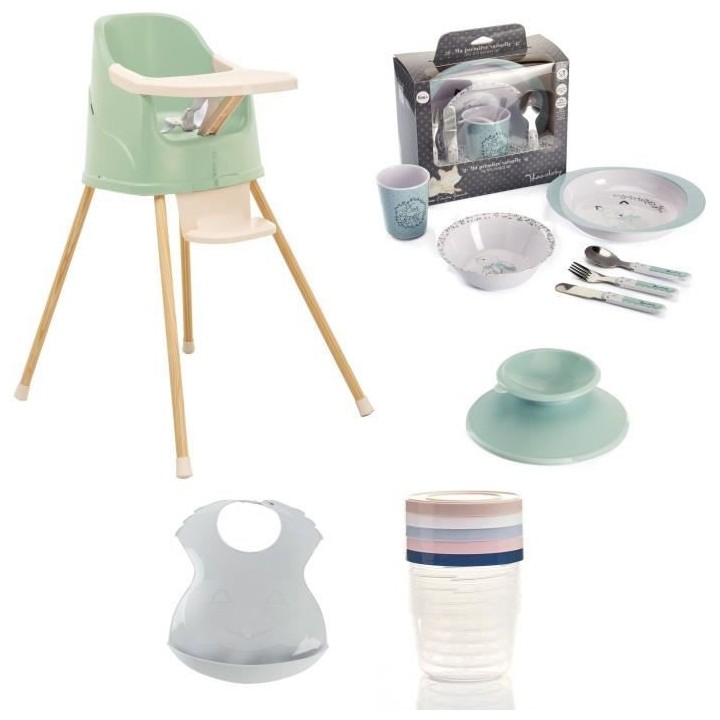 Chaise haute évolutive en rehausseur de chaise + Coffret vaisselle +
