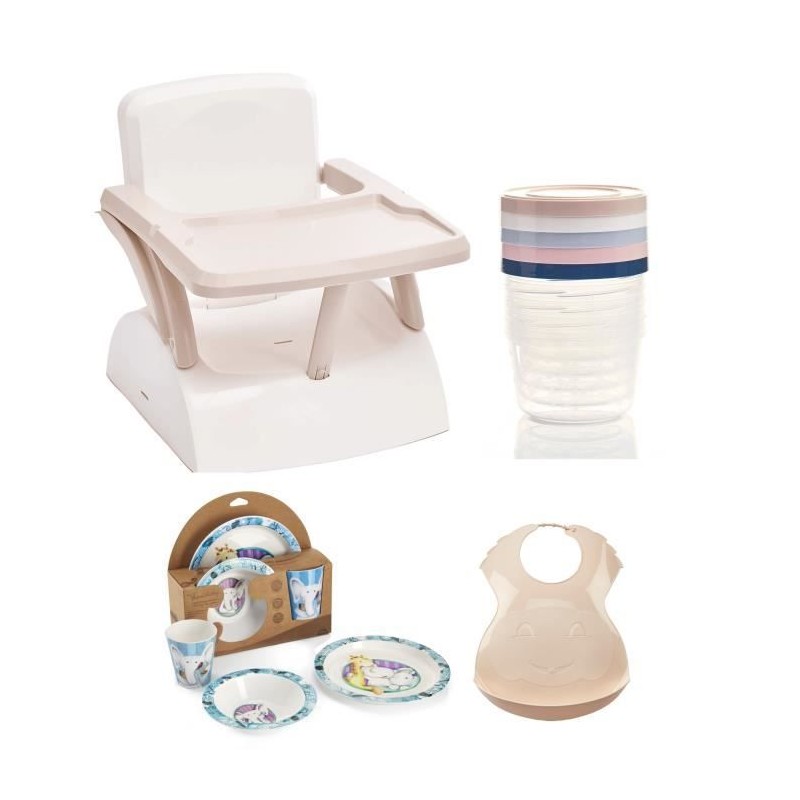 Rehausseur de chaise pour enfant + Boîtes de conservation + Coffret vaisselle micro-ondes + Bavoir semi-rigide