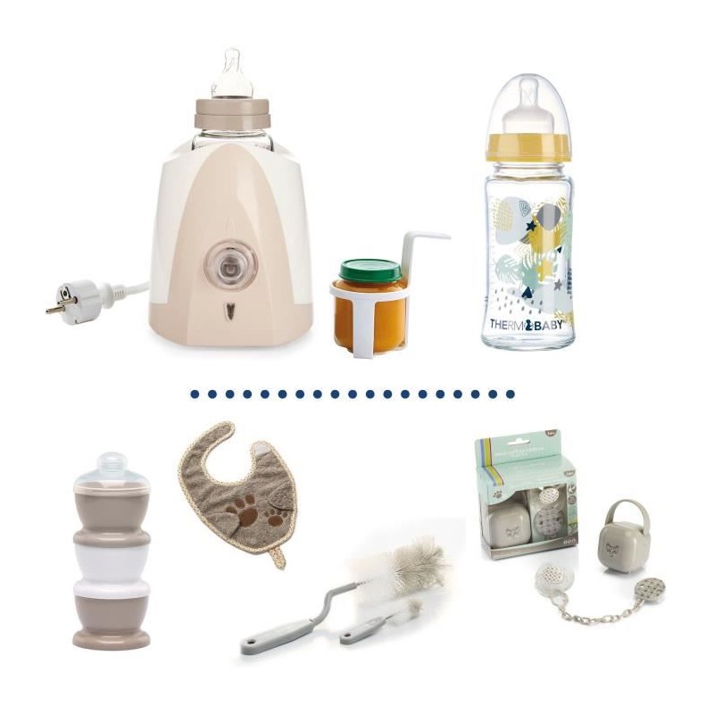 Chauffe biberon + Biberon verre 230ml + Goupillon biberon + Boîte doseuse de lait + Bavoir + Coffret Boîte a sucettes