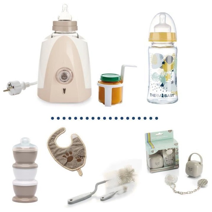 Chauffe biberon + Biberon verre 230ml + Goupillon biberon + Boîte dos