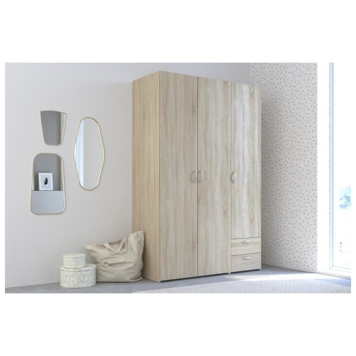 PARISOT Armoire 3 portes battantes + 2 tiroirs - Décor chene - L 120