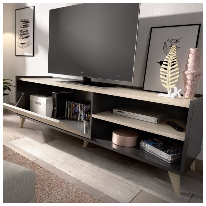 Meuble TV NESS - 1 abattant 2 niches - Décor graphite et Chene - L 15