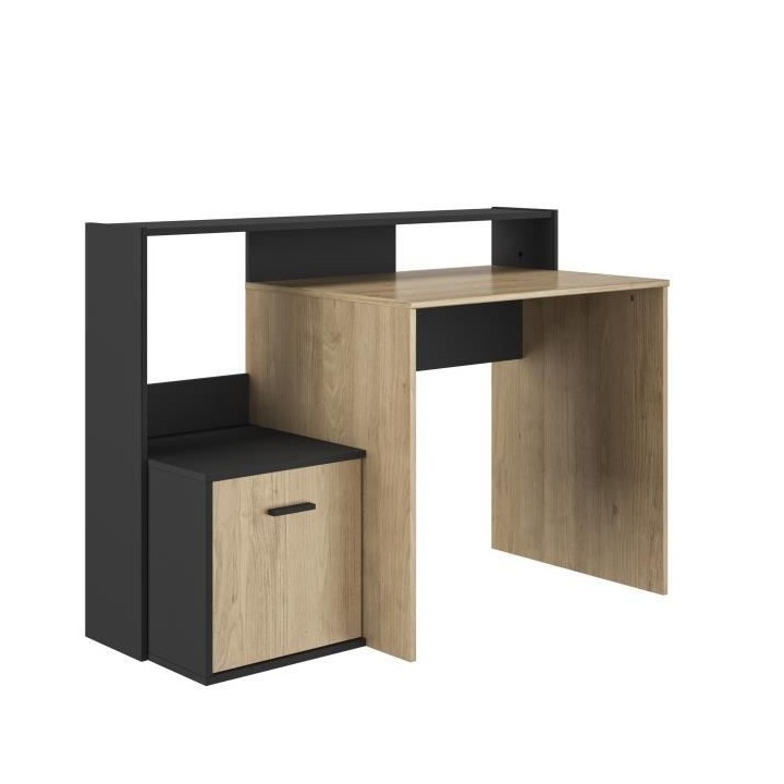 Bureau WILLY 1 porte - Noir et chene - Style industriel - L 124 x P 60