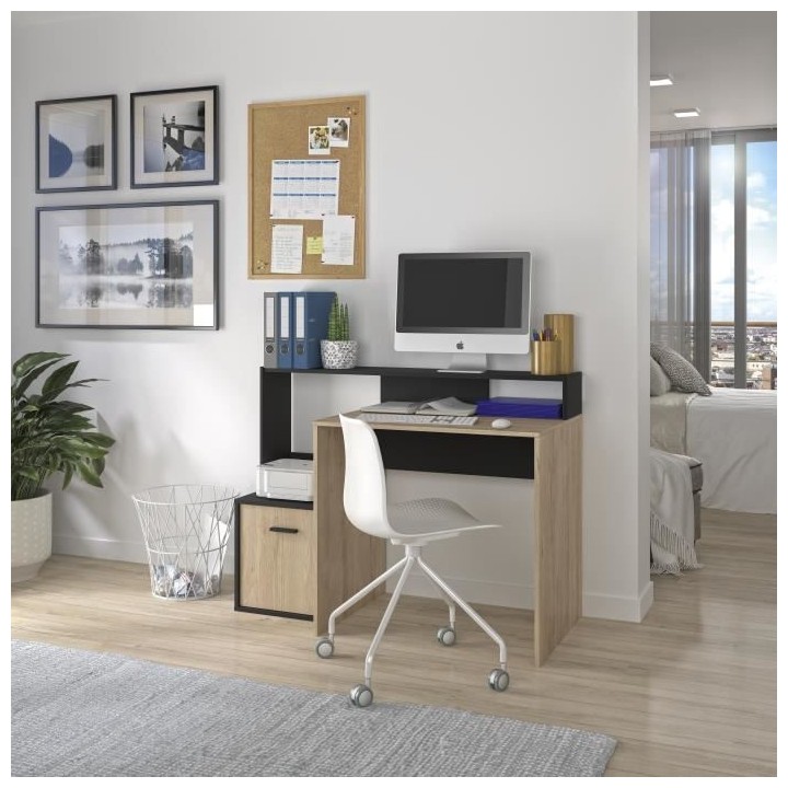 Bureau WILLY 1 porte - Noir et chene - Style industriel - L 124 x P 60