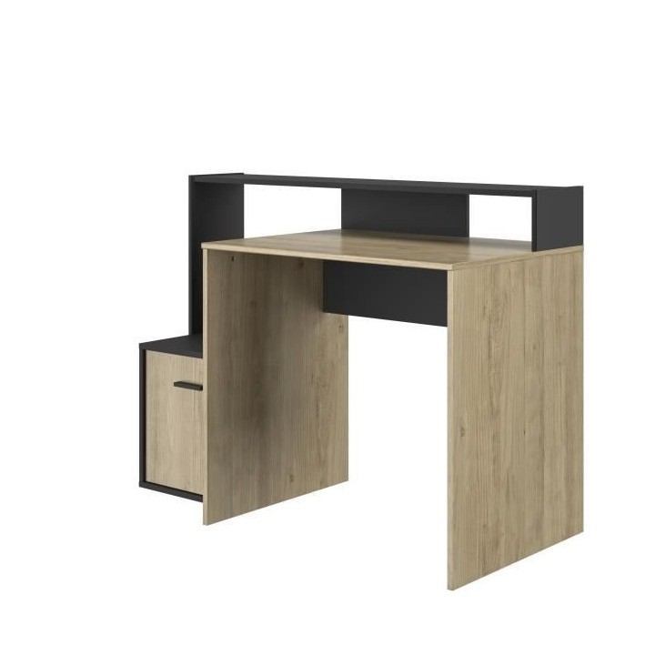 Bureau WILLY 1 porte - Noir et chene - Style industriel - L 124 x P 60