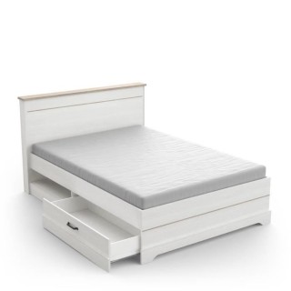 Lit adulte COTTAGE 140x190/200 cm - Mélamine blanc et décor chene Kr