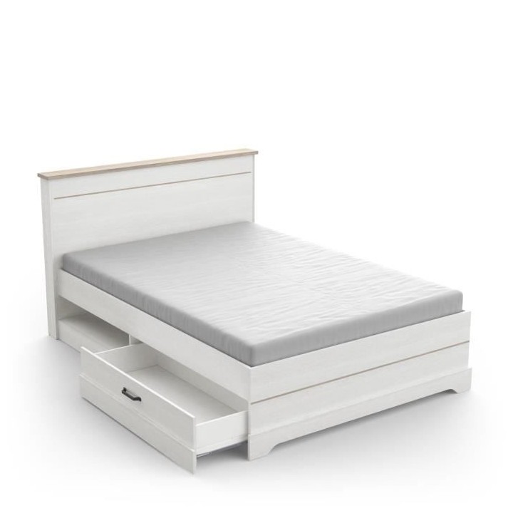 Lit adulte COTTAGE 140x190/200 cm - Mélamine blanc et décor chene Kr