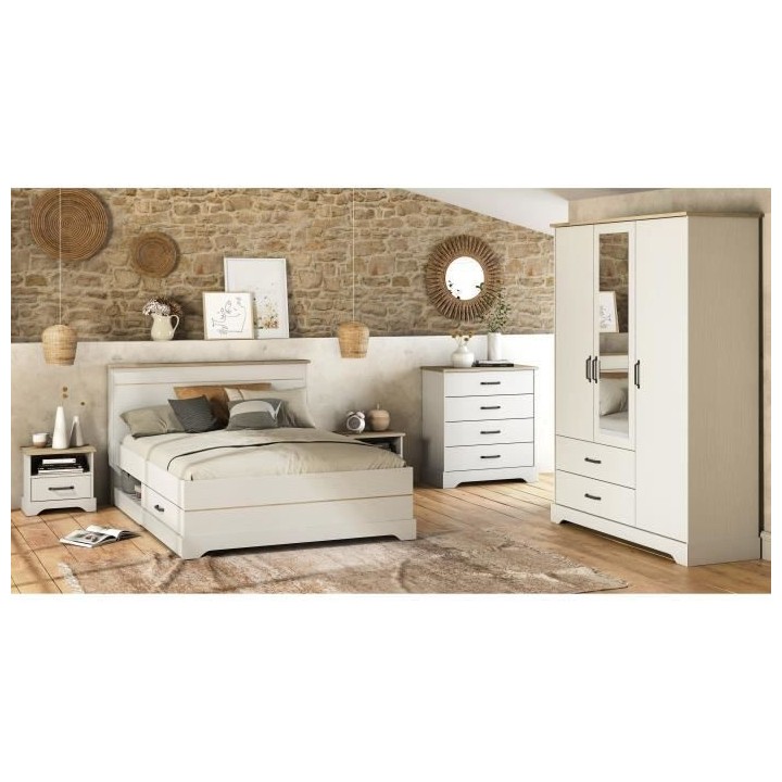 Lit adulte COTTAGE 140x190/200 cm - Mélamine blanc et décor chene Kr