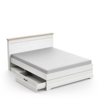 Lit adulte COTTAGE 160x200 cm - Mélamine blanc et décor chene Kronbe