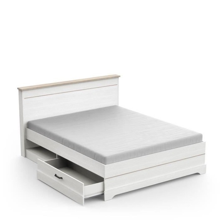 Lit adulte COTTAGE 160x200 cm - Mélamine blanc et décor chene Kronbe