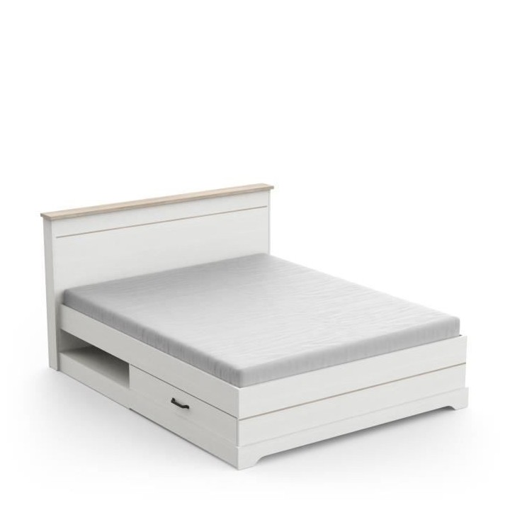 Lit adulte COTTAGE 160x200 cm - Mélamine blanc et décor chene Kronbe