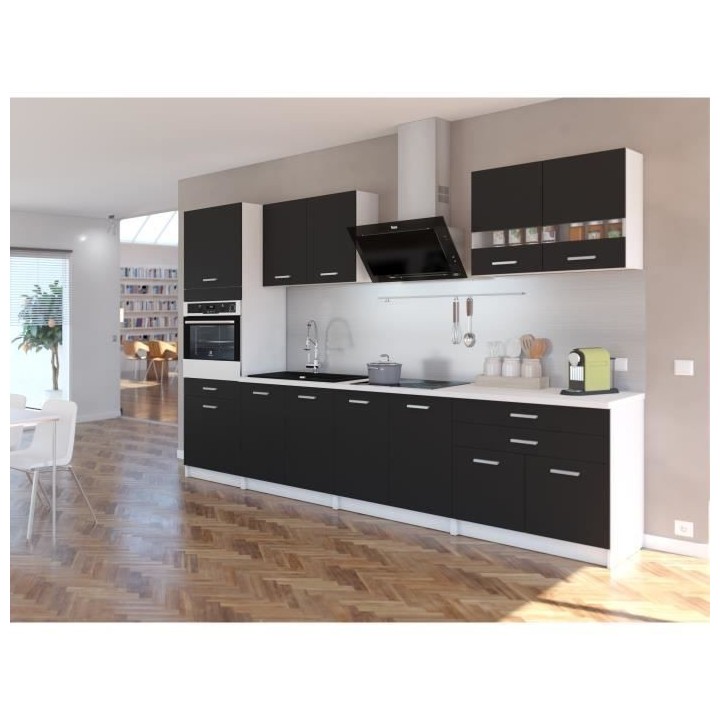 EXTRA - Cuisine complete colonne L 300cm - 6 éléments - Noir Mat