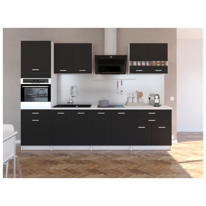 EXTRA - Cuisine complete colonne L 300cm - 6 éléments - Noir Mat